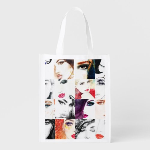 Female Portrait Collage Watercolor Illustration Grocery Bag