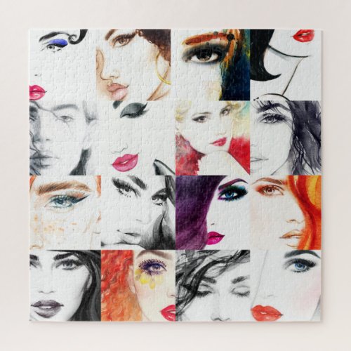 Female Portrait Collage Watercolor Illustration Jigsaw Puzzle