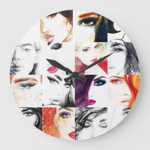 Female Portrait Collage Watercolor Illustration Large Clock