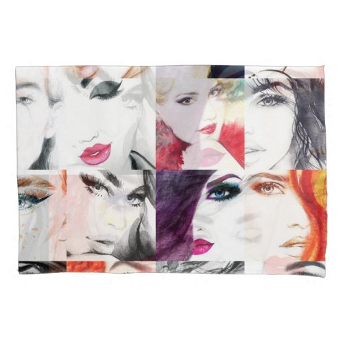 Female Portrait Collage Watercolor Illustration Pillow Case