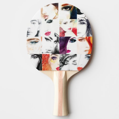 Female Portrait Collage Watercolor Illustration Ping Pong Paddle