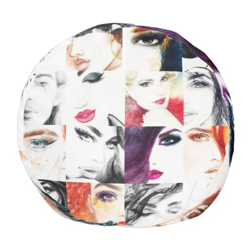 Female Portrait Collage Watercolor Illustration Pouf