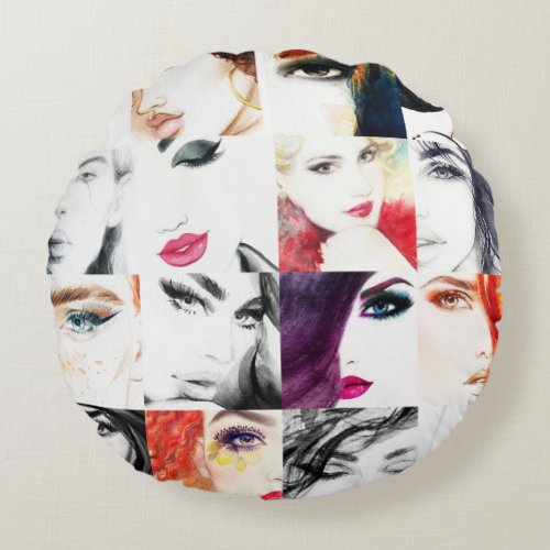 Female Portrait Collage Watercolor Illustration Round Pillow