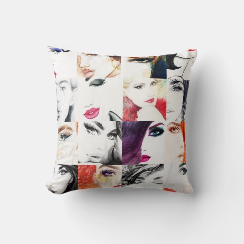 Female Portrait Collage Watercolor Illustration Throw Pillow