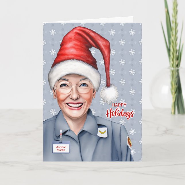 Female Postal Worker Christmas Custom Name Holiday Card (Front)