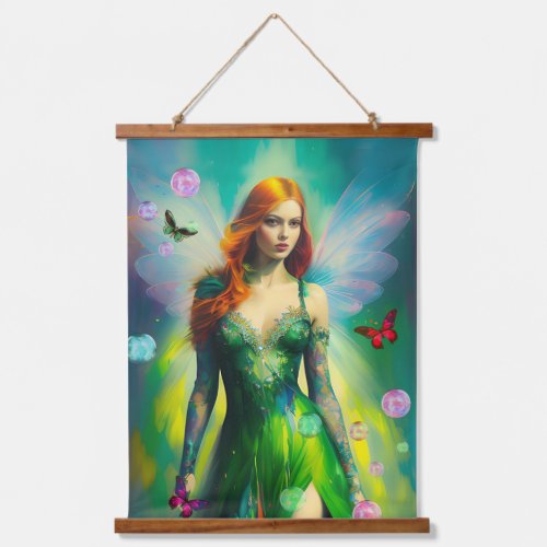 Female Red Hair Fairy Portrait in Green Dress Hanging Tapestry
