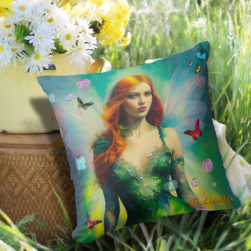 Female Red Hair Fairy Portrait in Green Dress Throw Pillow