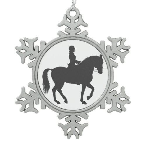 female riding horse  - Choose background color Snowflake Pewter Christmas Ornament