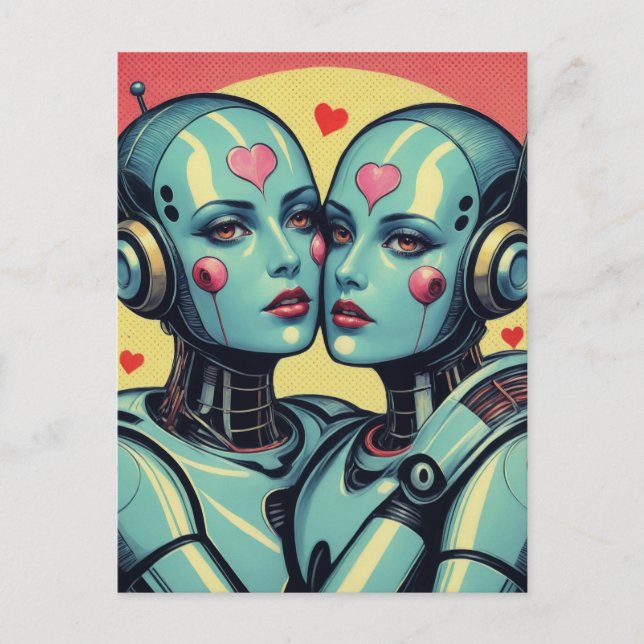 Female Robots in Love Pop Art Postcard (Front)