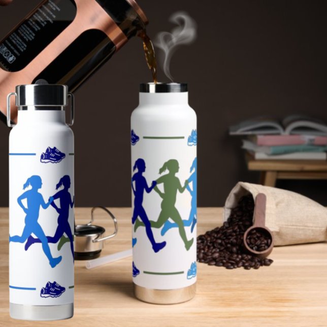 Female Runner Colorful Blue Green Silhouettes Water Bottle (Creator Uploaded)