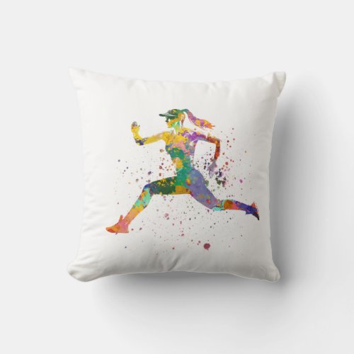 Female runner in watercolor throw pillow