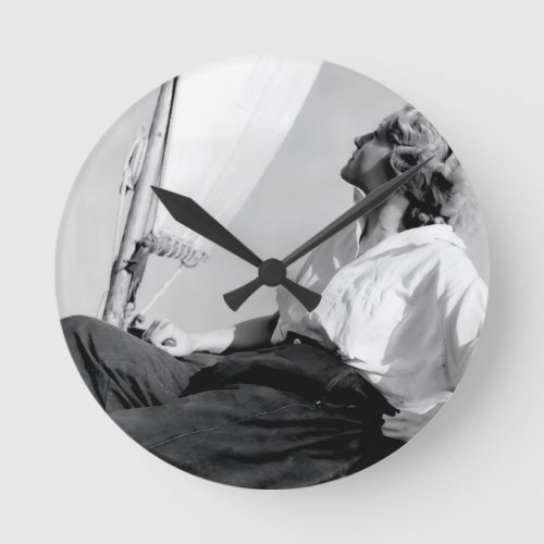Female Sailor Black and White Photo Round Clock
