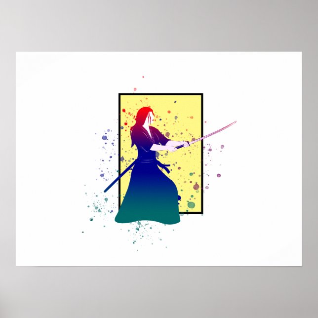 Female Samurai Warrior with Sword Paint Splash Poster (Front)