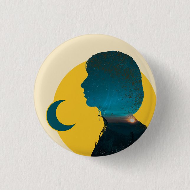 Female Silhouette Sunset Sky Minimal Portrait Styl Button (Front)