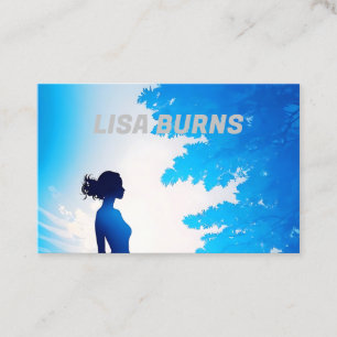 female silhouette with a soft blue background business card