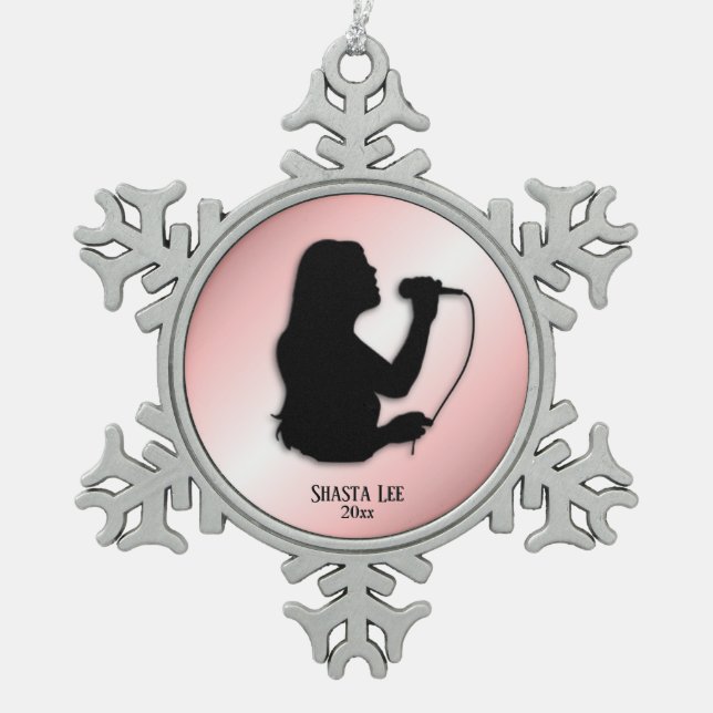 Female Singer Pink Personal Name and Date Snowflake Pewter Christmas Ornament (Front)