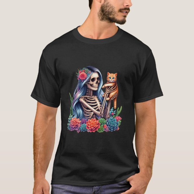 Female Skeleton Kitten Cat Succulent Plant Lover H T-Shirt (Front)