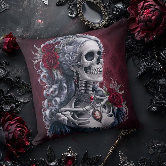 Female Skull Cameo in Red Throw Pillow (Creator Uploaded)