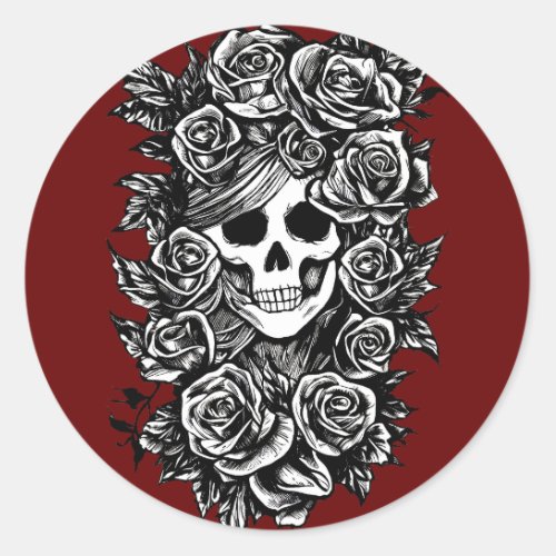 Female Skull Roses Goth Original ink drawing Art Classic Round Sticker