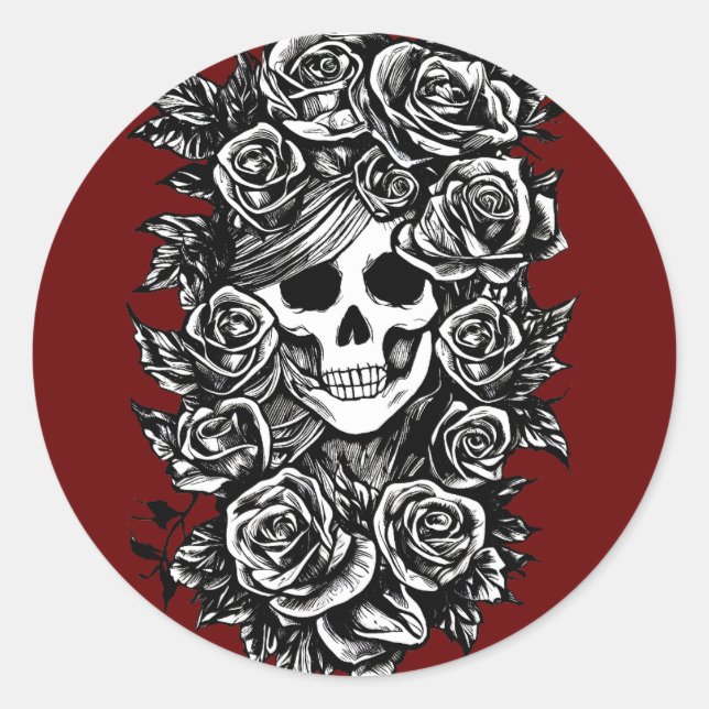 Female Skull Roses Goth Original ink drawing Art Classic Round Sticker (Front)