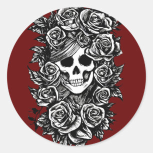 Female Skull Roses Goth Original ink drawing Art Classic Round Sticker