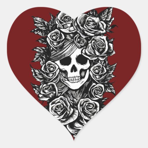 Female Skull Roses Goth Original ink drawing Art   Heart Sticker