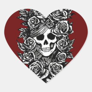 Female Skull Roses Goth Original ink drawing Art Heart Sticker