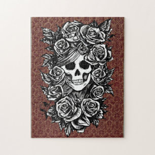 Female Skull Roses Goth Original ink drawing Art  Jigsaw Puzzle