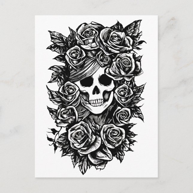 Female Skull Roses Goth Original ink drawing Art   Postcard (Front)