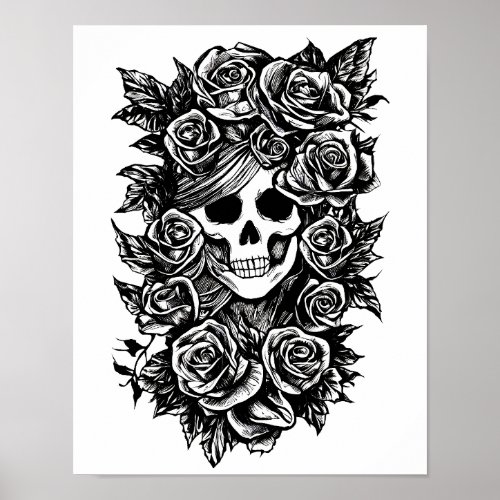 Female Skull Roses Goth Original ink drawing Art  Poster