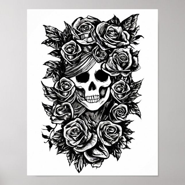 Female Skull Roses Goth Original ink drawing Art  Poster (Front)