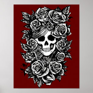 Female Skull Roses Goth Original ink drawing Art Poster