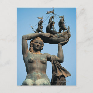 Female statue holding ship, Barcelona Postcard