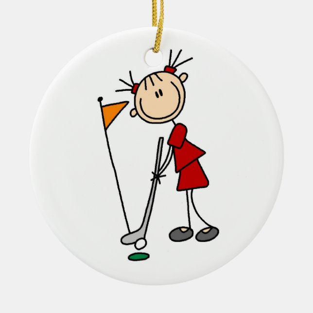 Female Stick Figure Golfer Ceramic Ornament (Front)