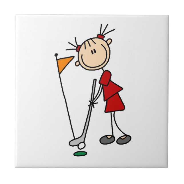 Female Stick Figure Golfer Ceramic Tile (Front)