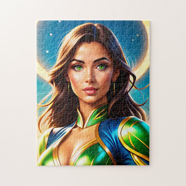 Female superhero portrait in emerald-and-gold armo jigsaw puzzle (Vertical)