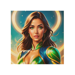 Female superhero portrait in emerald-and-gold armo wood wall art