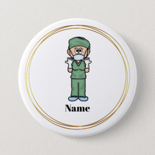 Female Surgeon in Scrubs Name Button