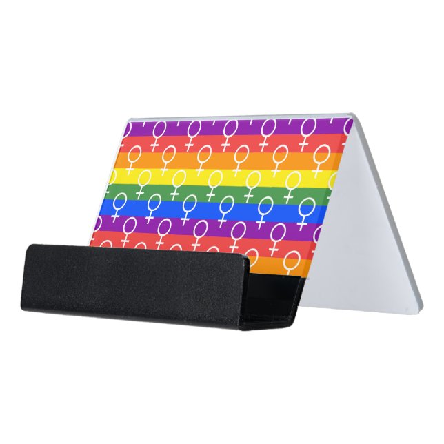 Female Symbol Rainbow Pattern Desk Business Card Holder (Angled Front)