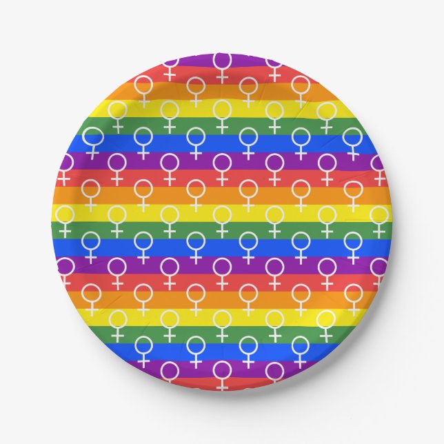Female Symbol Rainbow Pattern Paper Plates (Front)