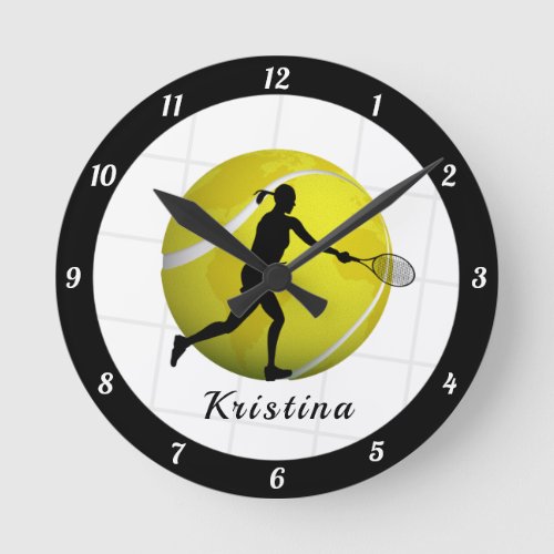 Female Tennis Player Silhouette Girls Name Ball Round Clock