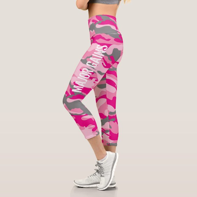 Female Trainer Pink Camo Custom Name Gym Capri Leggings (Left)