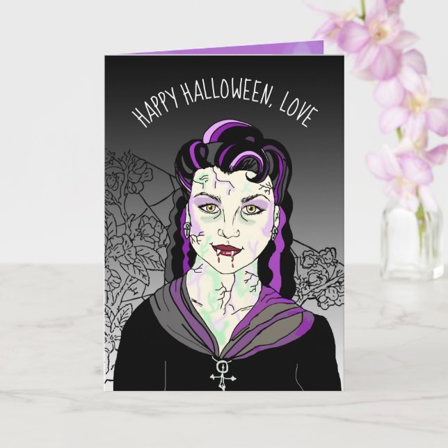 Female Vampire, Romantic Halloween Trick or Treat Card (Orchid)
