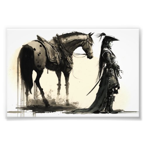 Female Warrior and Horse Sketch Art Ink Art Photo Print
