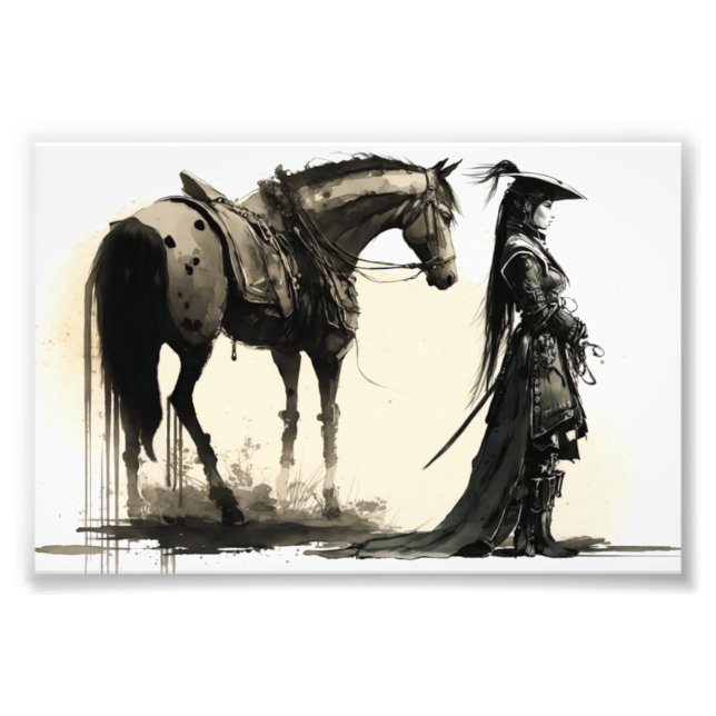 Female Warrior and Horse, Sketch Art, Ink Art Photo Print (Front)