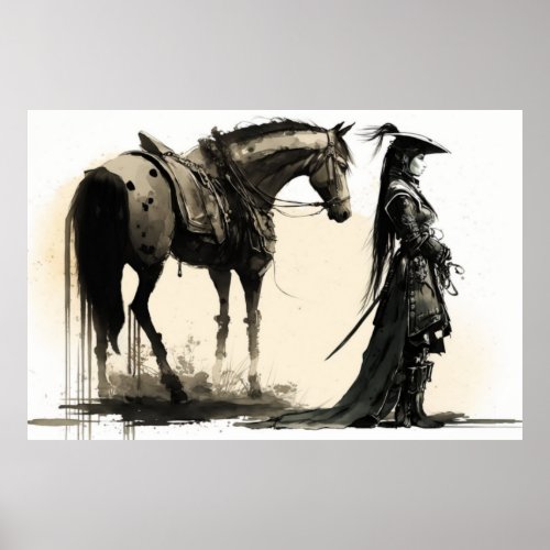 Female Warrior and Horse Sketch Art Ink Art Poster
