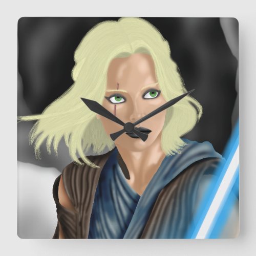Female Warrior with Lightsaber Square Wall Clock