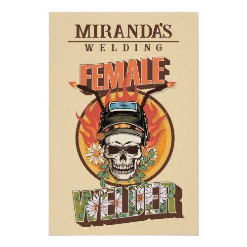 Female welder floral pattern poster