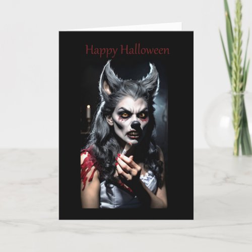 Female Werewolf Applying Makeup Halloween Card