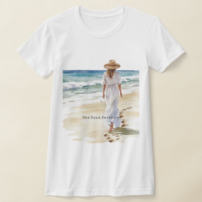 Female White Dress Beach Sea Sand Serenity T-Shirt (Laydown)